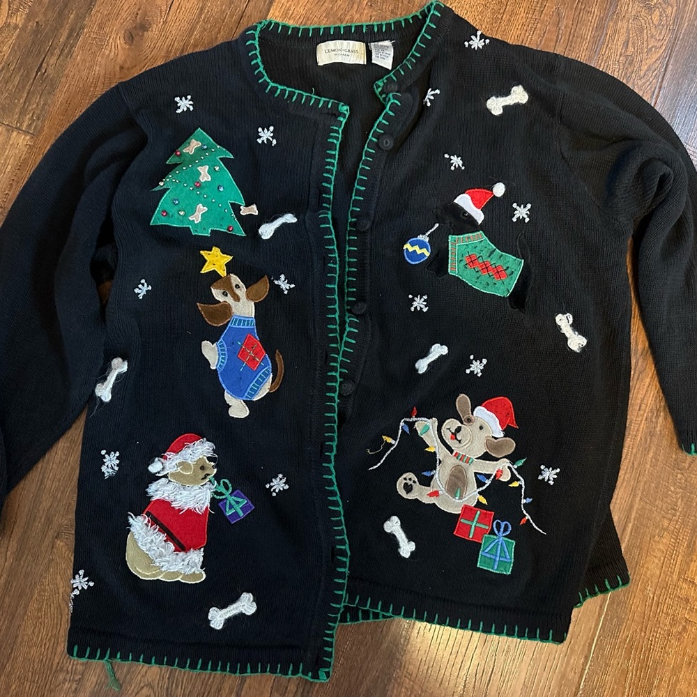 Ugly Christmas cardigan sweater with dogs